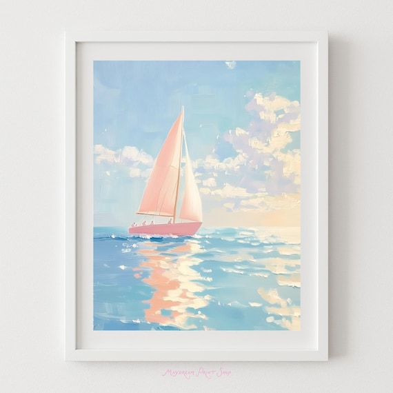 Pink Sailboat on Pastel Ocean Waves Nautical Coastal Art Print
