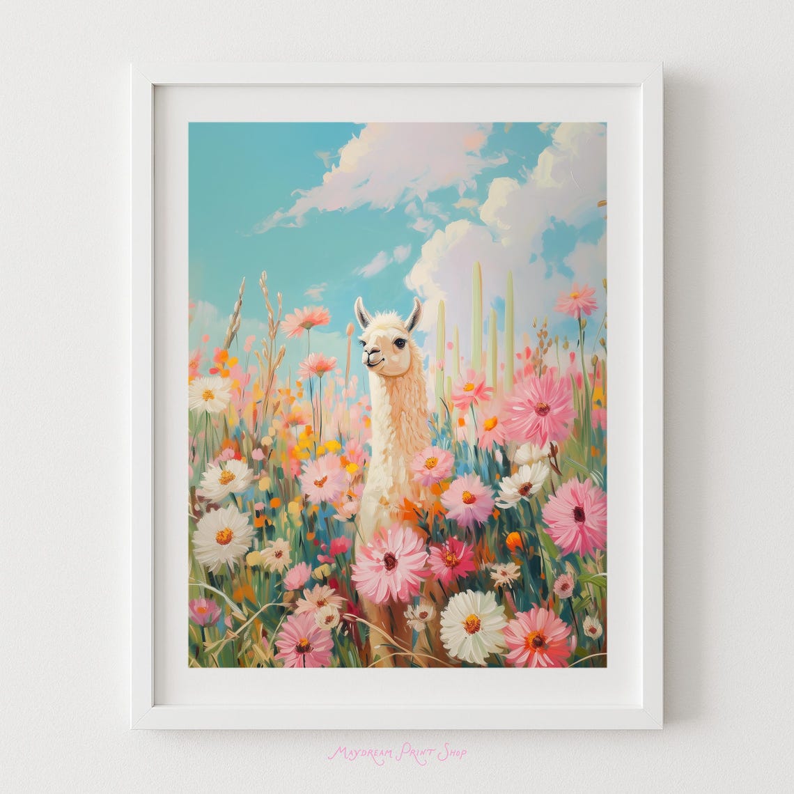Smiling Llama Pink Wildflower Meadow Pastel Painting Art Poster