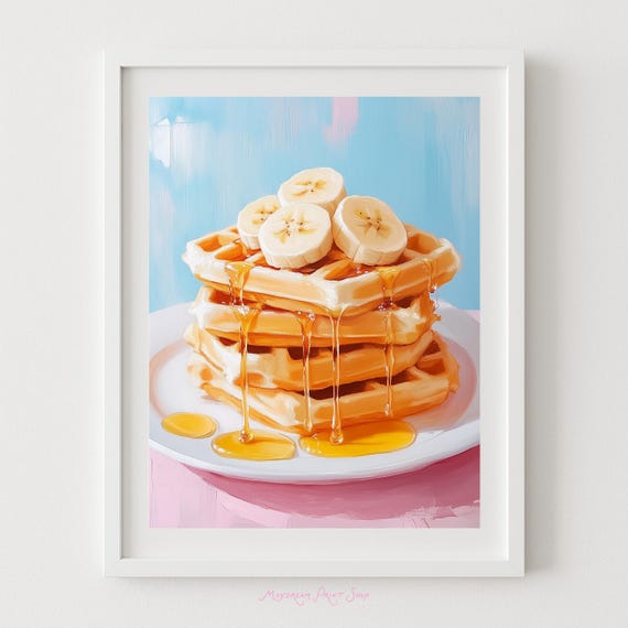 Banana Waffle Art Print Breakfast Painting Brunch Food Retro Kitchen Decor Dripping Syrup On Waffles Pastel Poster