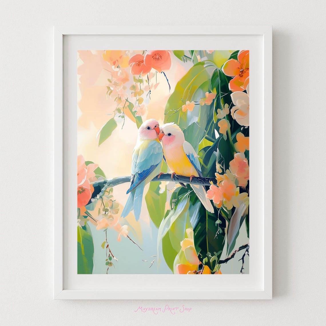 Lovebirds Pair Among Tropical Blossoms Branch Wildlife Art Poster