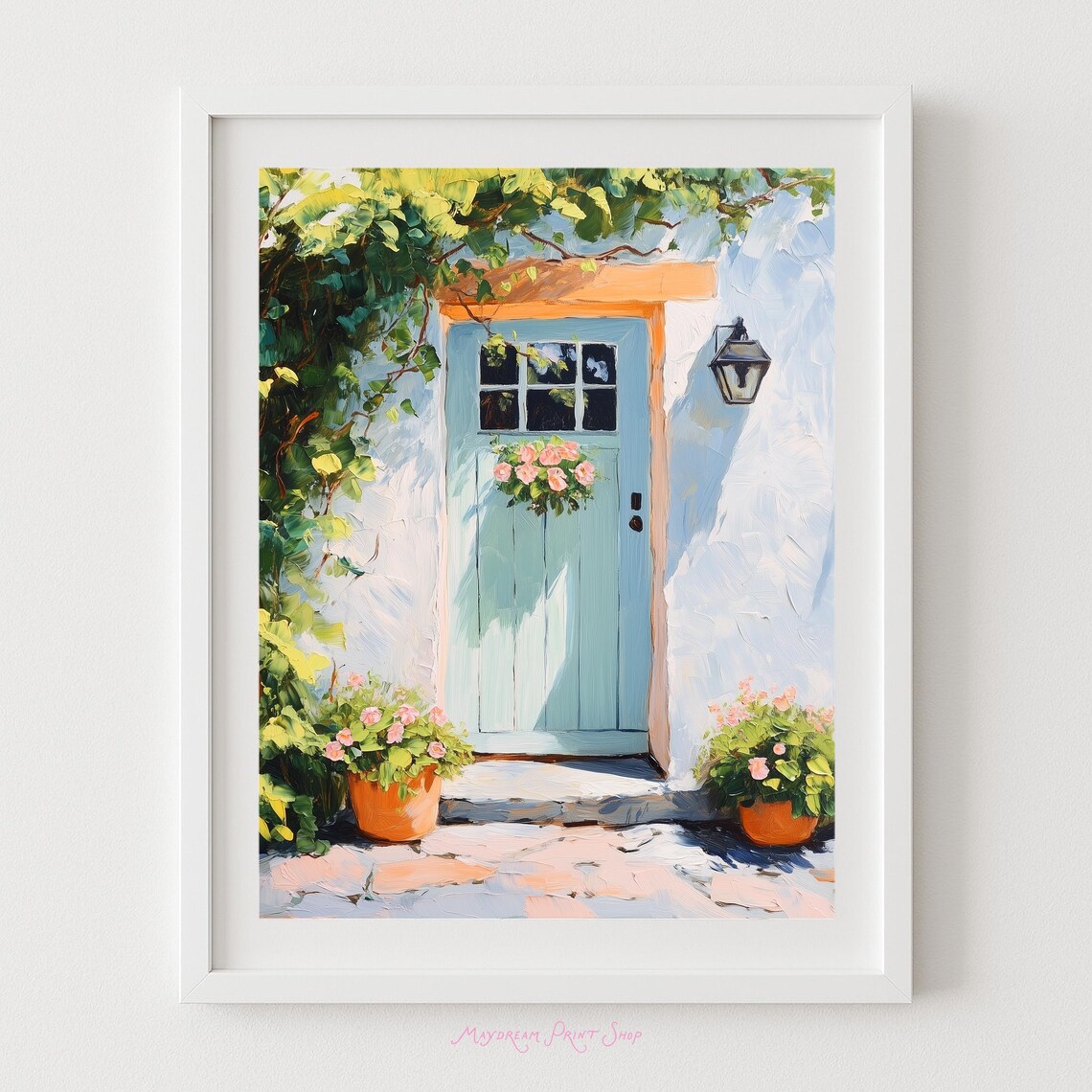 Mediterranean Blue Door Cottage Entrance Flower Painting Poster
