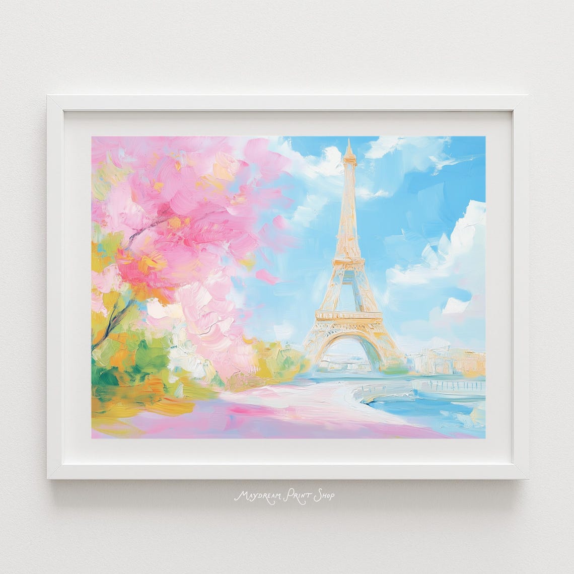 Paris Eiffel Tower With Pink Blossom Trees Pastel Art Poster