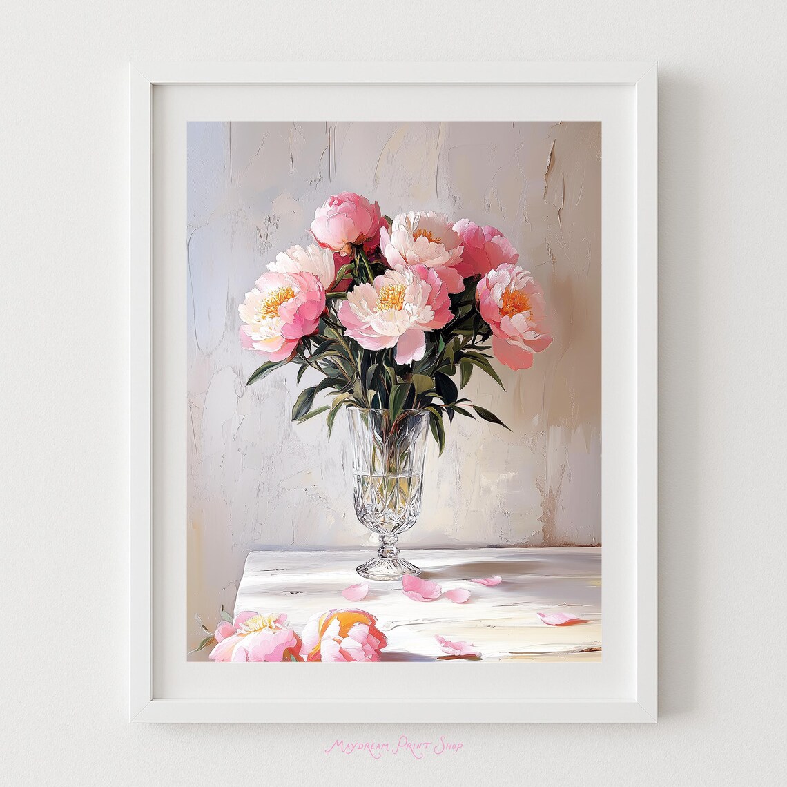 Pink Peonies in Crystal Vase Still Life Floral Oil Painting Poster