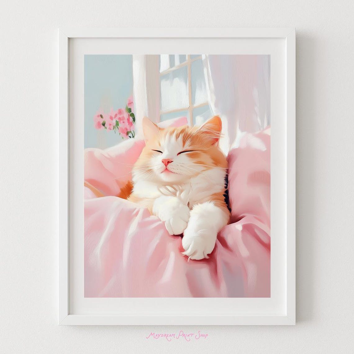 Sleepy Orange Tabby Cat Napping on Pink Sheets Cute Wall Art
