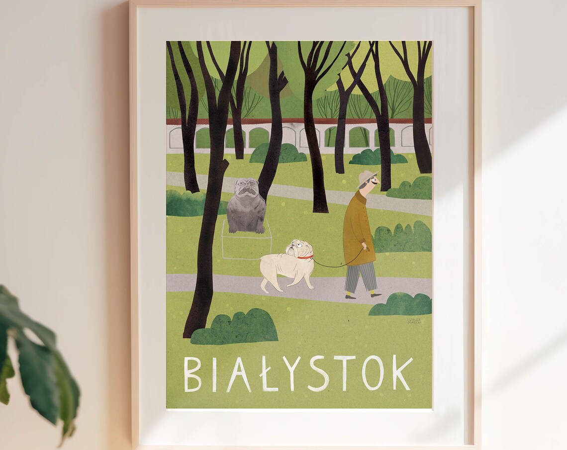 Bialystok Park Bulldog Walk Statue Quirky Dog Lovers Travel Poster - Image 2