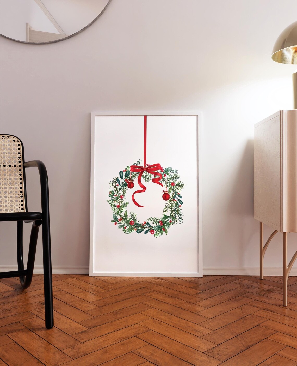 Hanging Christmas Wreath Watercolor Festive Holiday Wall Poster