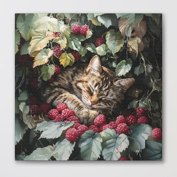 Sleepy Tabby Kitten Napping Among Ripe Raspberry Vines in Bloom Poster