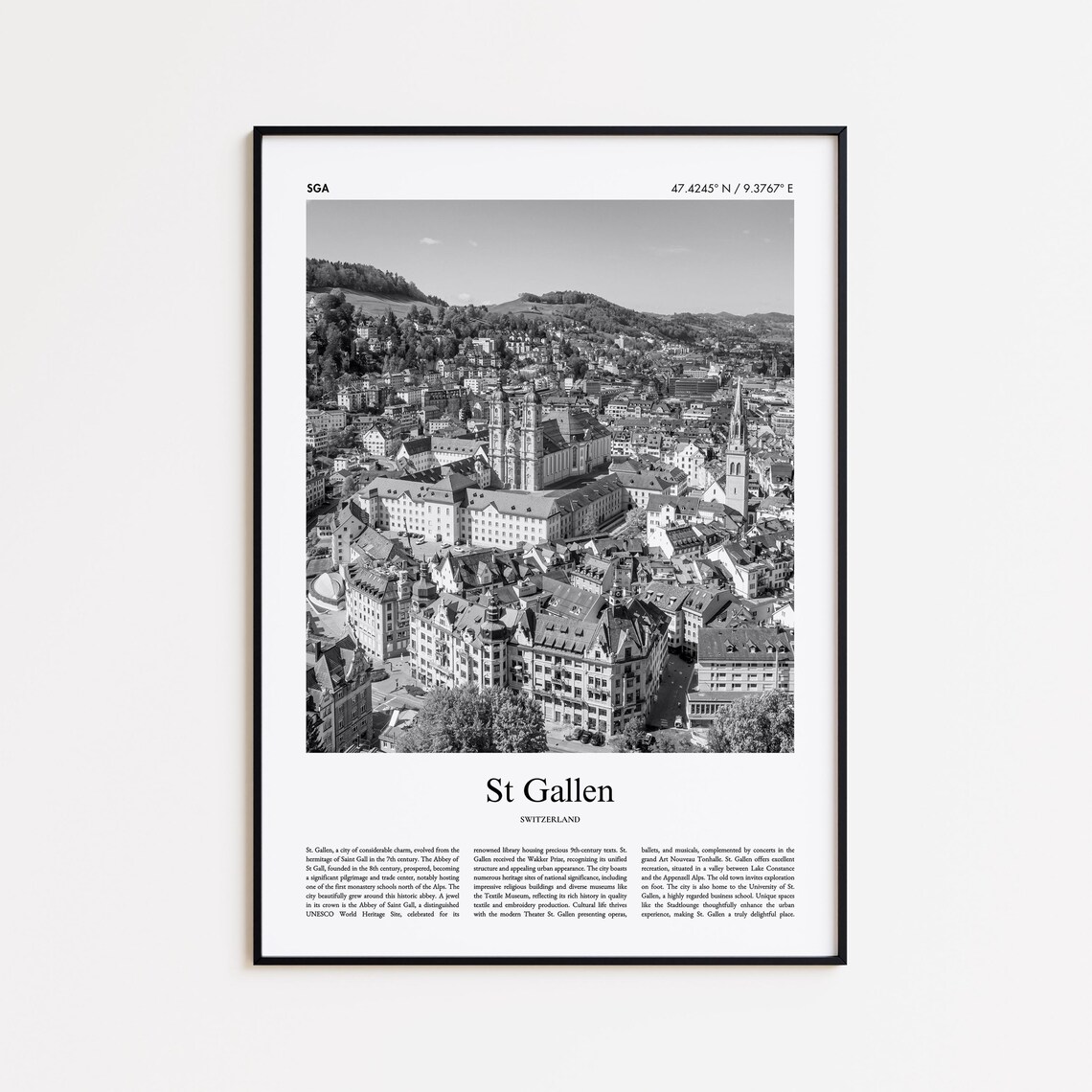 St Gallen Switzerland Black and White Aerial Old Town Abbey Poster