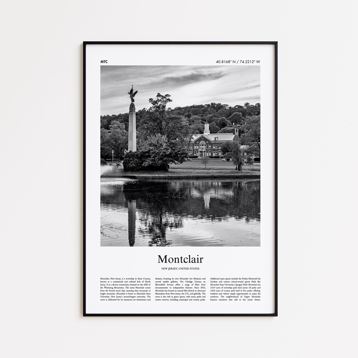 Montclair New Jersey Black And White Photo Poster Memorial Park Lake