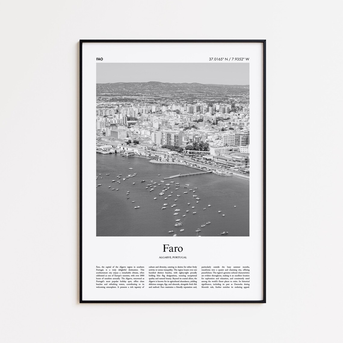 Faro Algarve Portugal Black and White Marina Aerial Photo Poster
