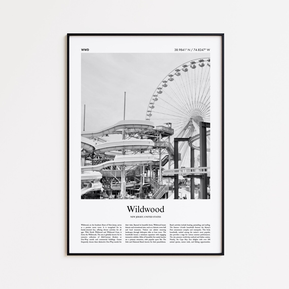 Wildwood New Jersey Black And White Boardwalk Photo Travel Poster