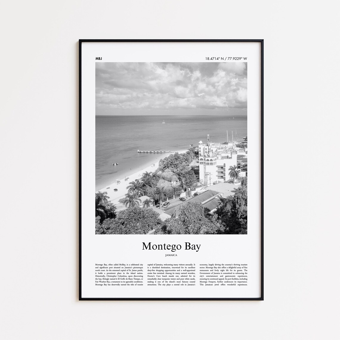 Montego Bay Jamaica Coast Aerial Black and White Photo Poster