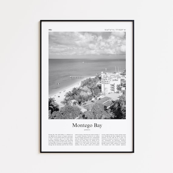Montego Bay Jamaica Coast Aerial Black and White Photo Poster
