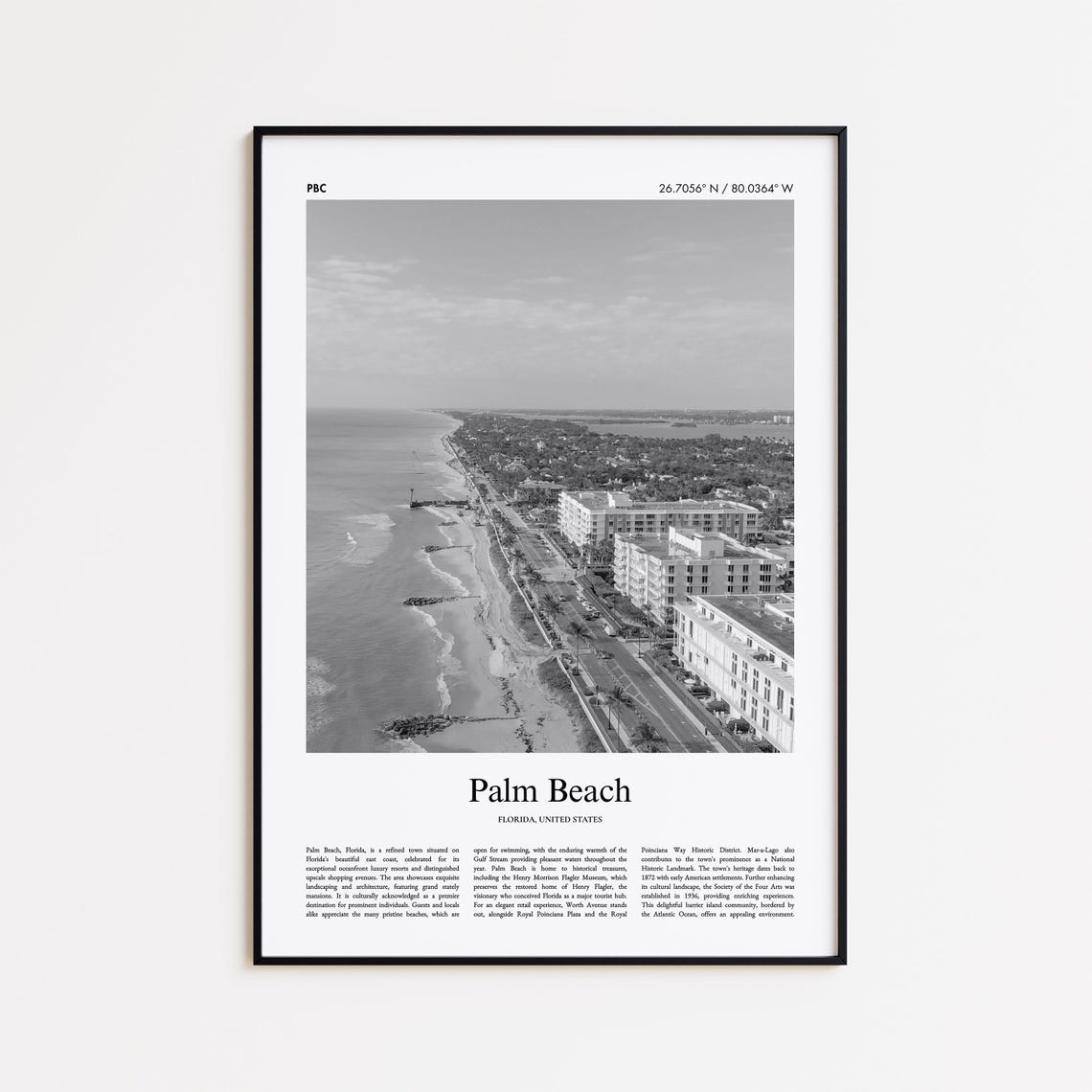 Palm Beach Florida Aerial Black And White Photo Poster Coordinates Map