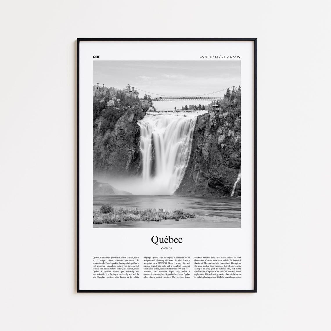 Quebec Canada Waterfall Black and White Photography Travel Poster