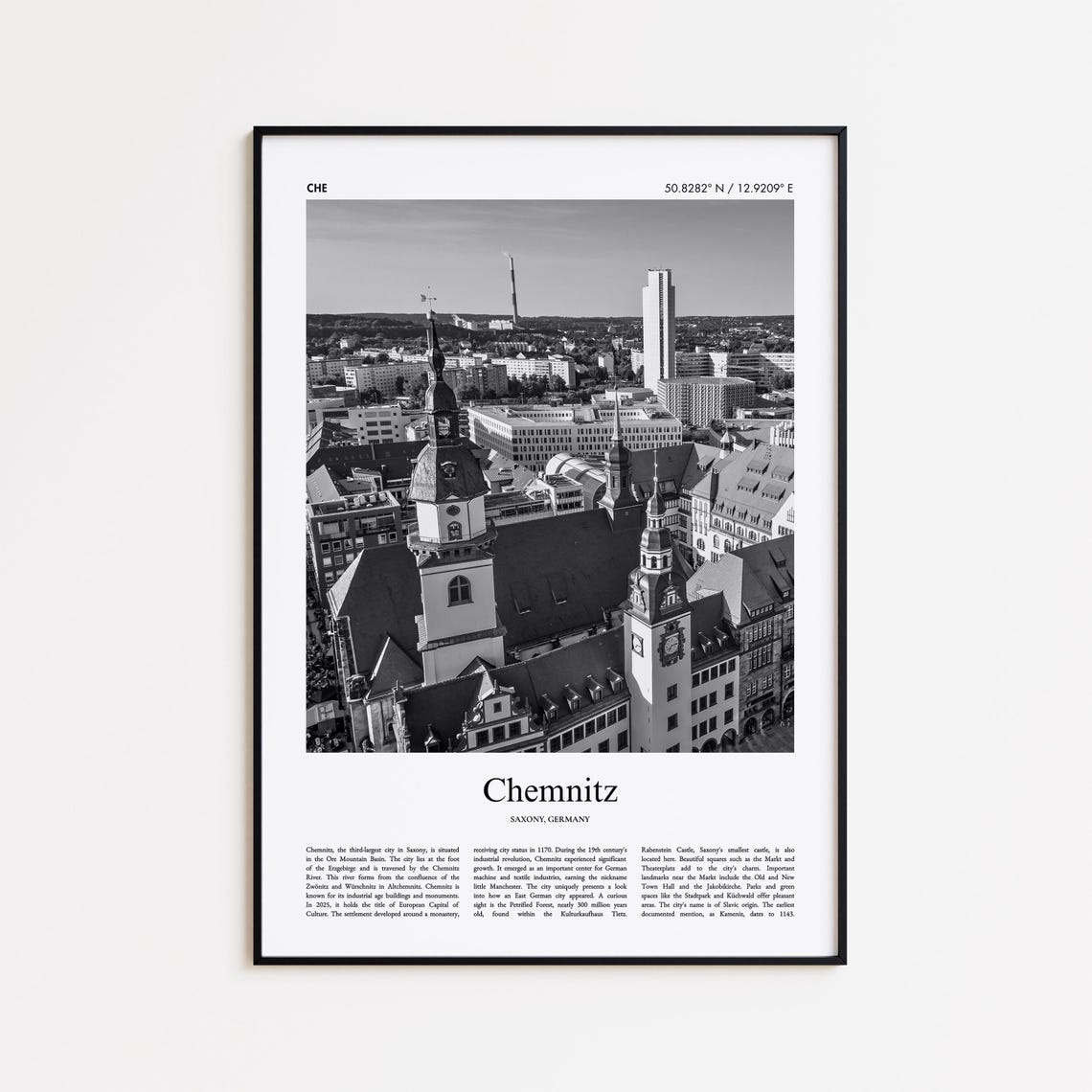 Chemnitz Germany Black And White Aerial Old Town Photo Poster