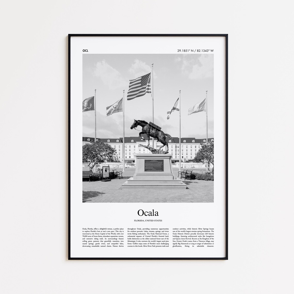 Ocala Black And White Travel Poster, Modern Florida