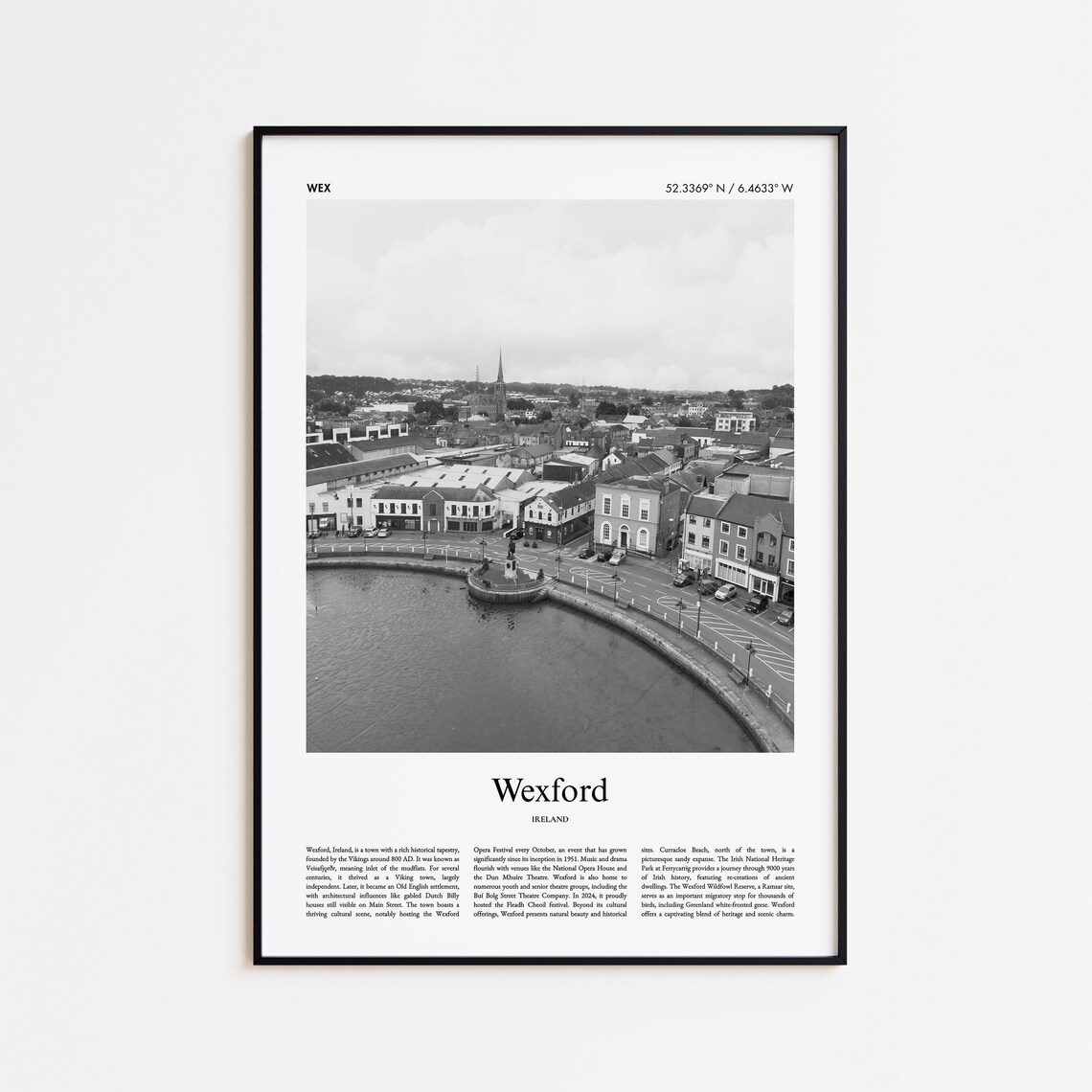 Wexford Ireland Black and White Quayside Harbor Photo Poster