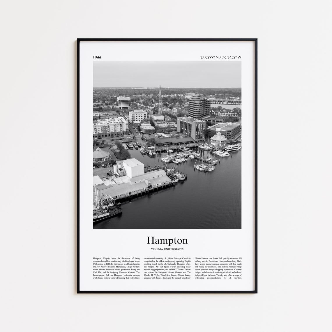 Hampton Virginia Marina Harbor Black and White Travel Poster