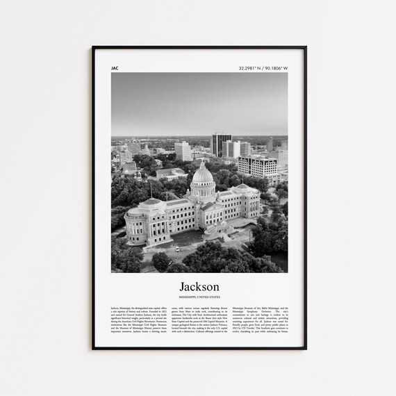 Jackson Mississippi Black And White Aerial Capitol Photo Poster