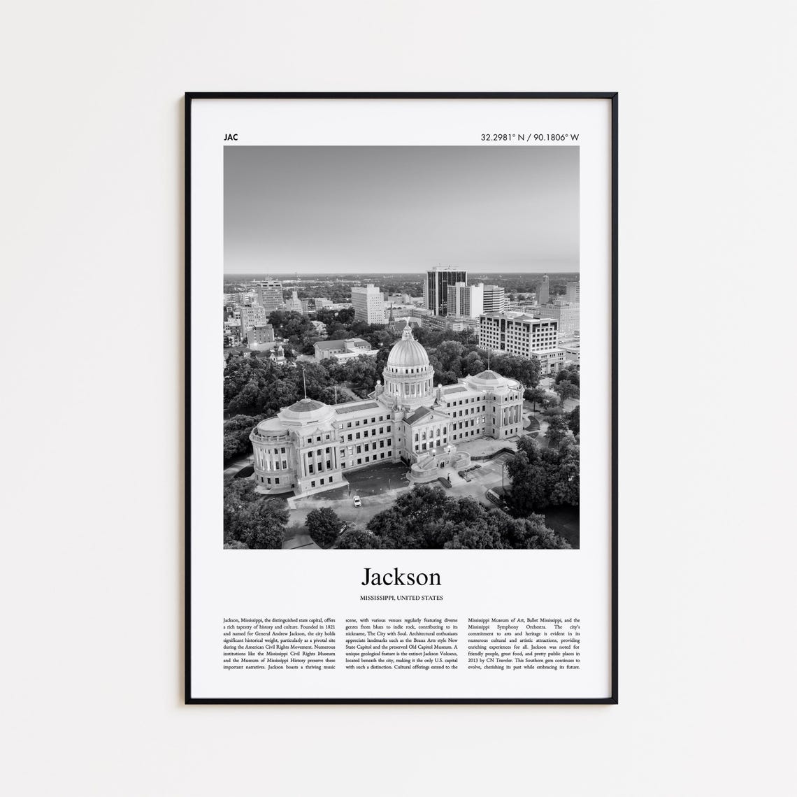 Jackson Mississippi Black And White Aerial Capitol Photo Poster
