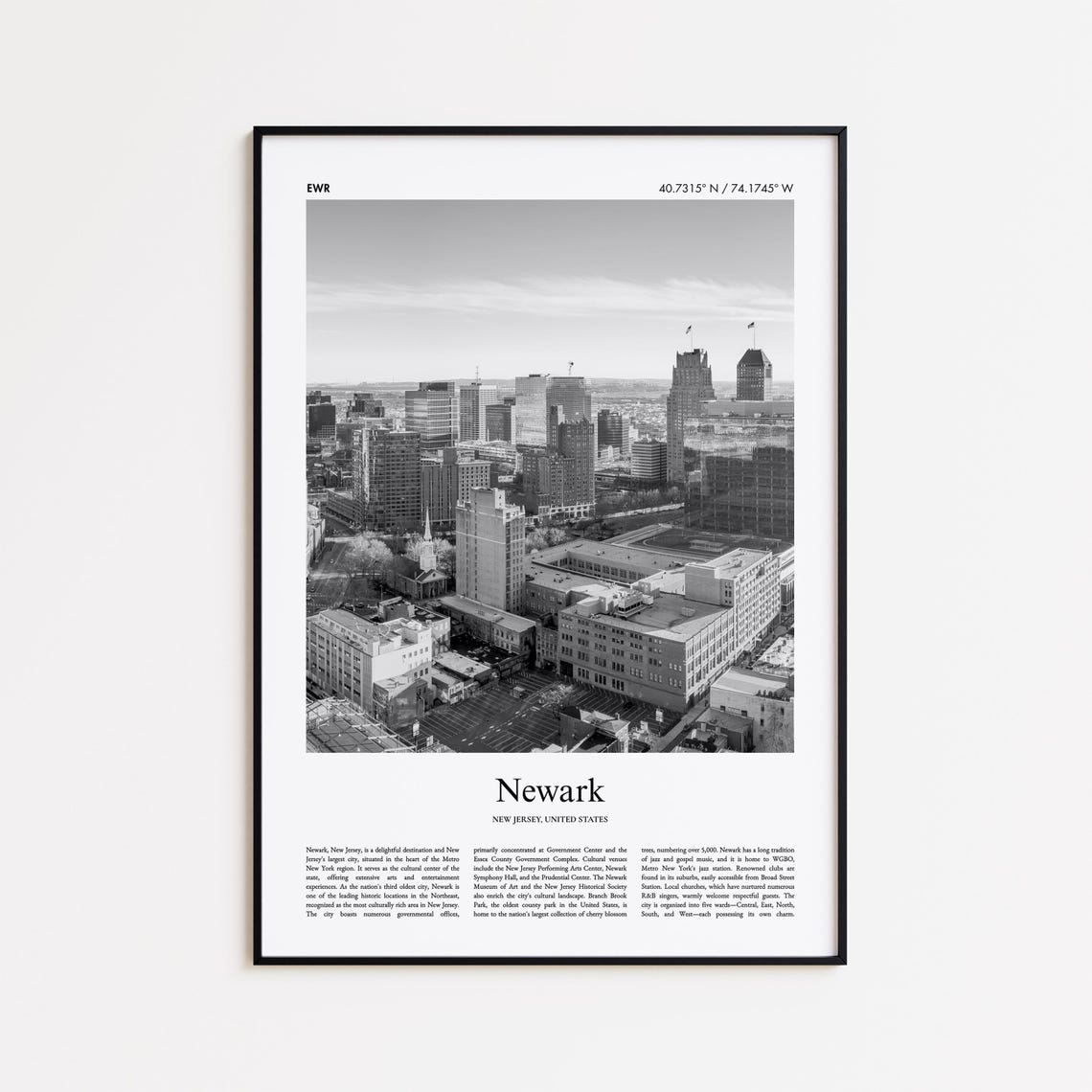 Newark New Jersey Black and White Downtown Skyline Travel Poster