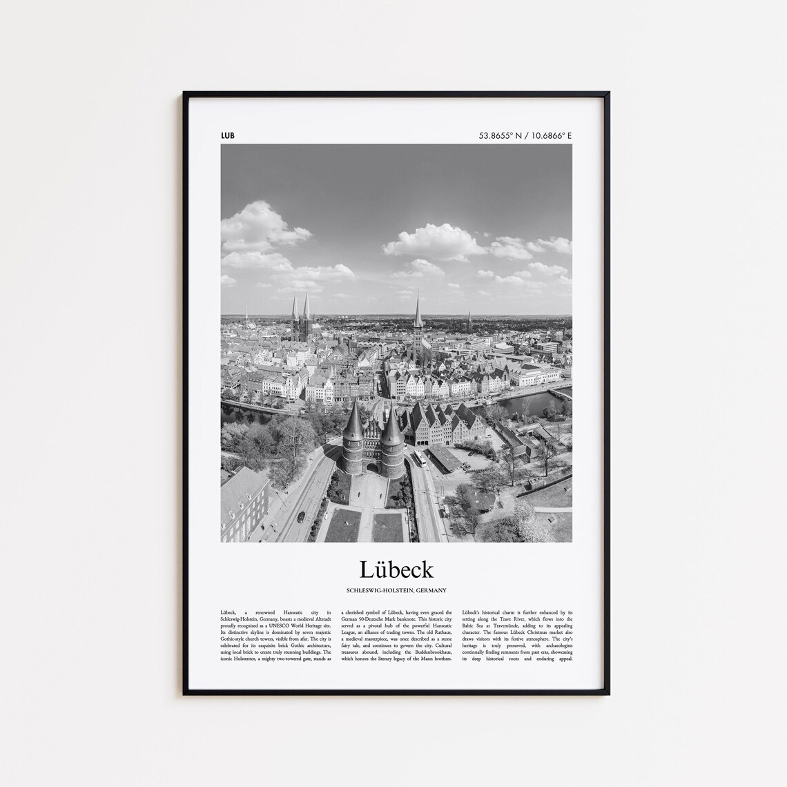 Lubeck Germany Black And White Old Town Panorama Photo Travel Poster