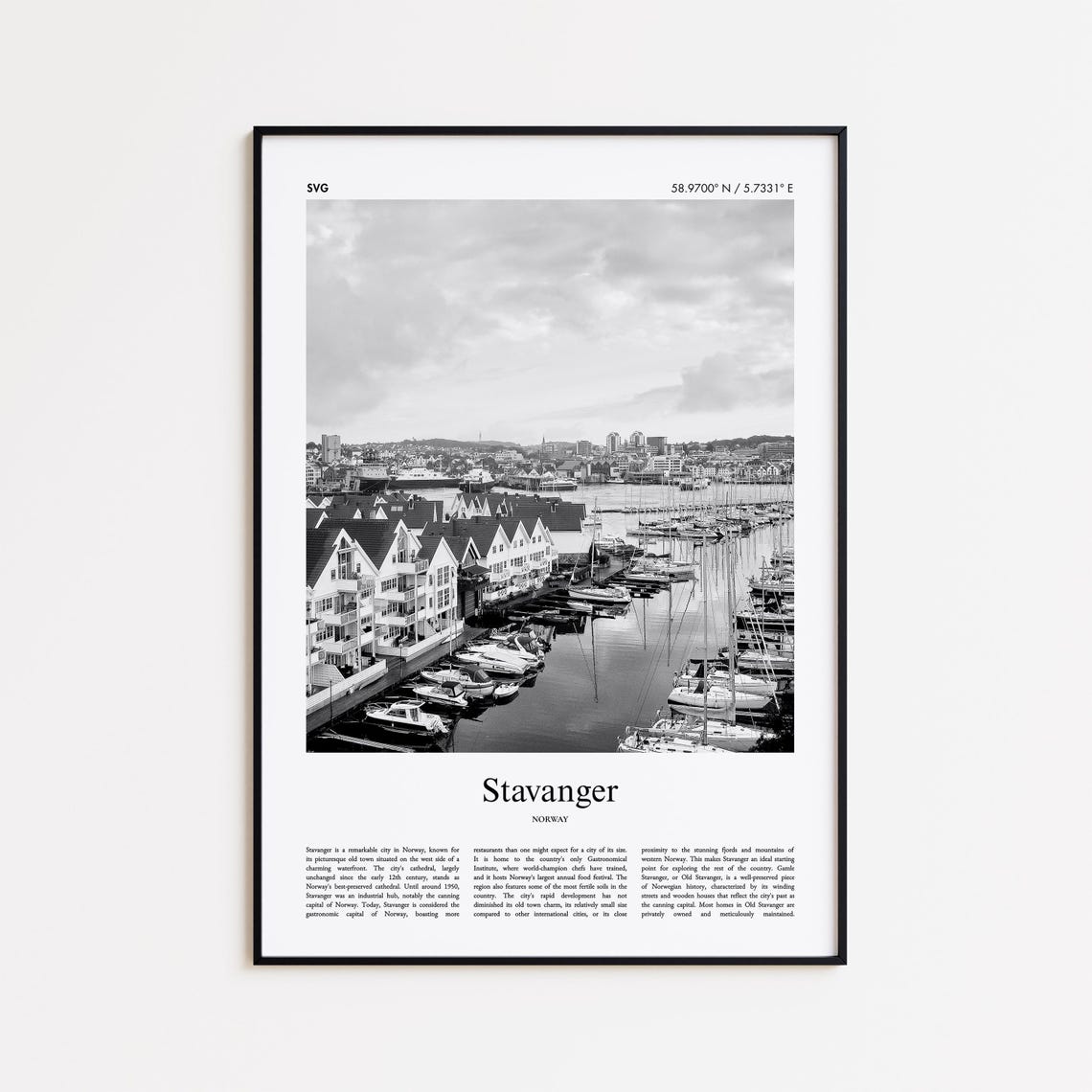 Stavanger Harbor Old Town Black and White Norway Travel Poster
