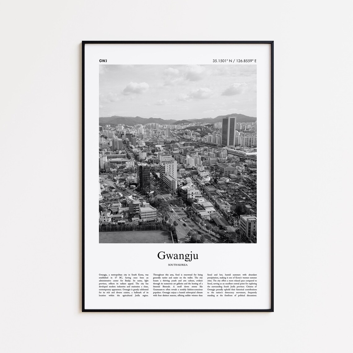 Gwangju City Skyline Aerial Black And White Korea Travel Poster