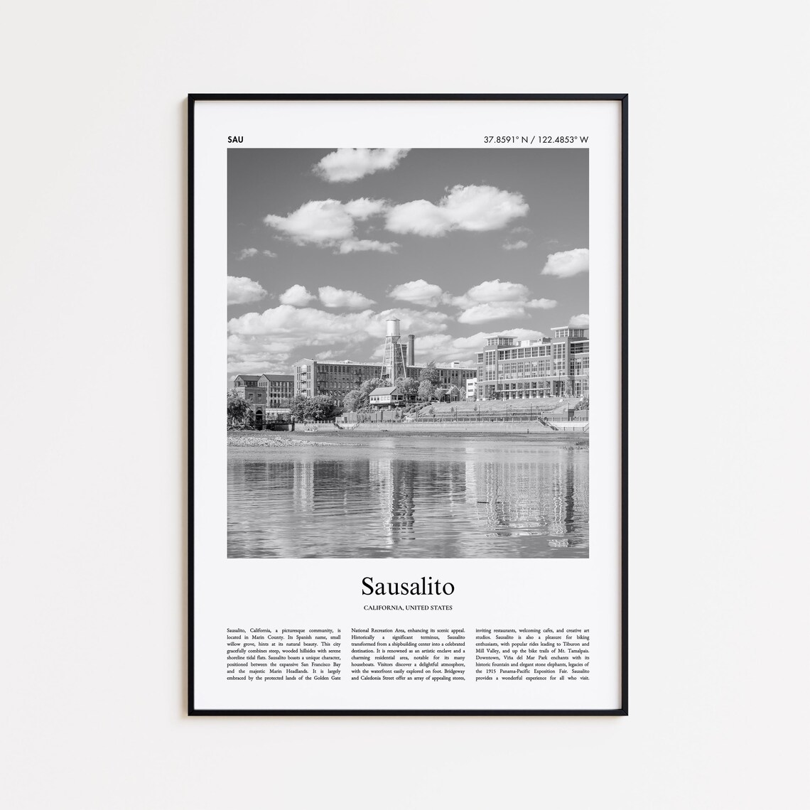 Sausalito California Black And White Waterfront Photo Travel Poster