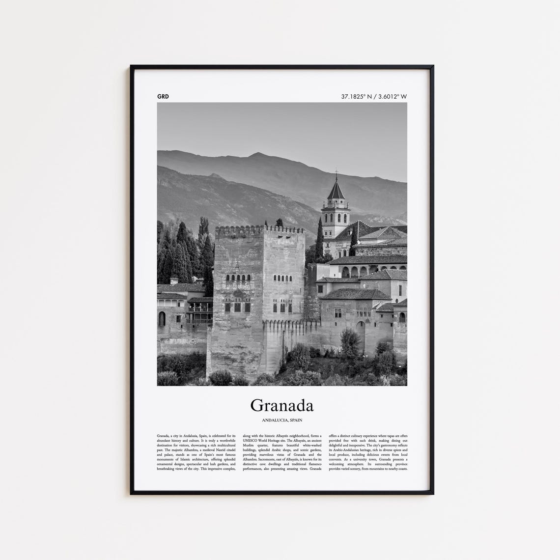 Granada Spain Alhambra Palace Black and White Photo Travel Poster
