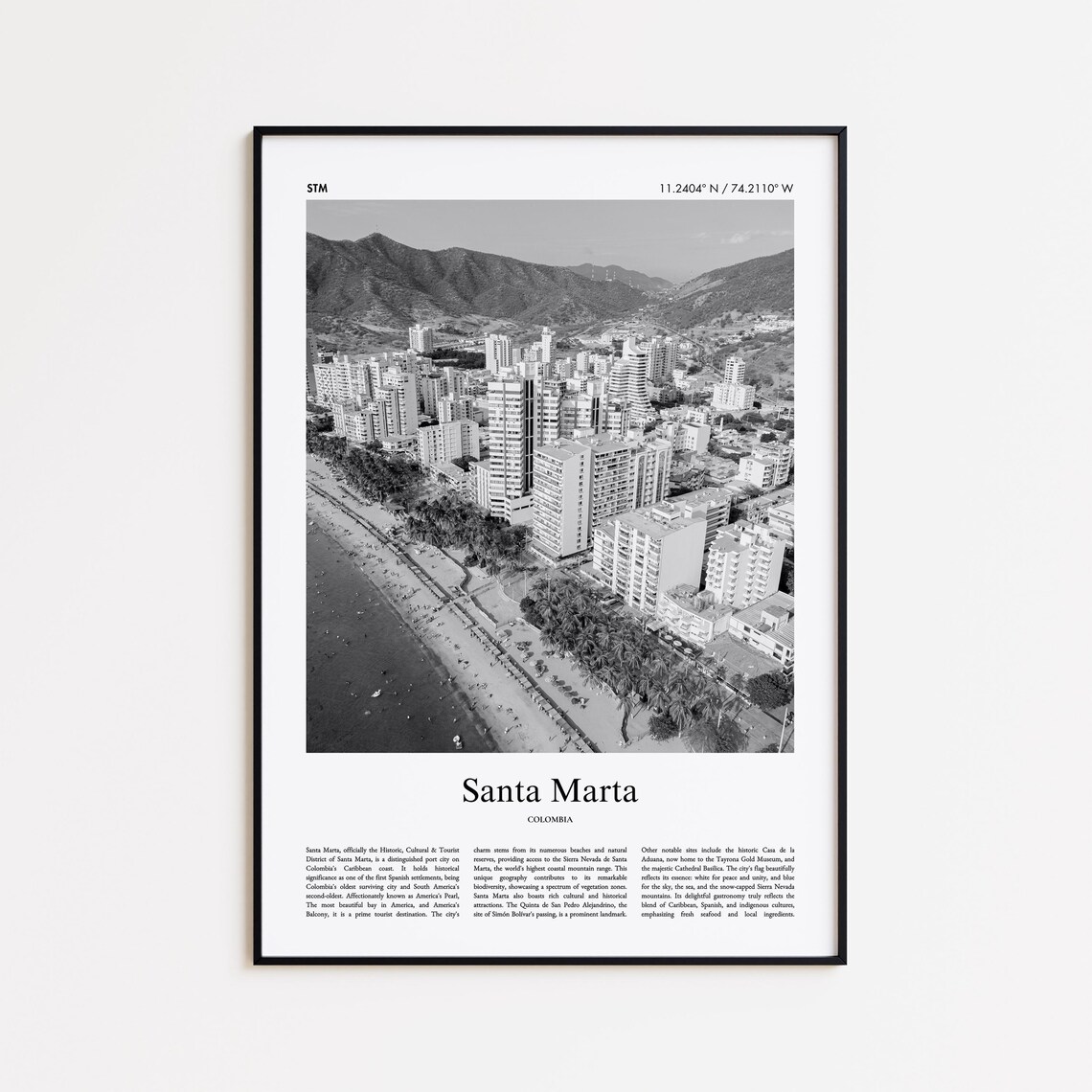Santa Marta Colombia Black And White Beach City Travel Poster