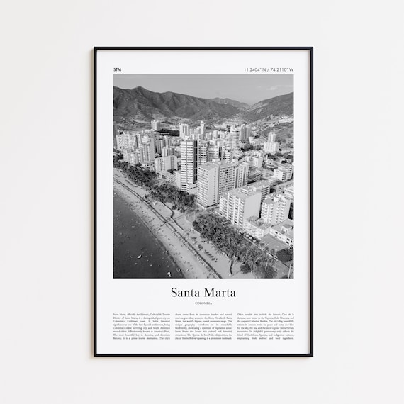 Santa Marta Colombia Black And White Beach City Travel Poster