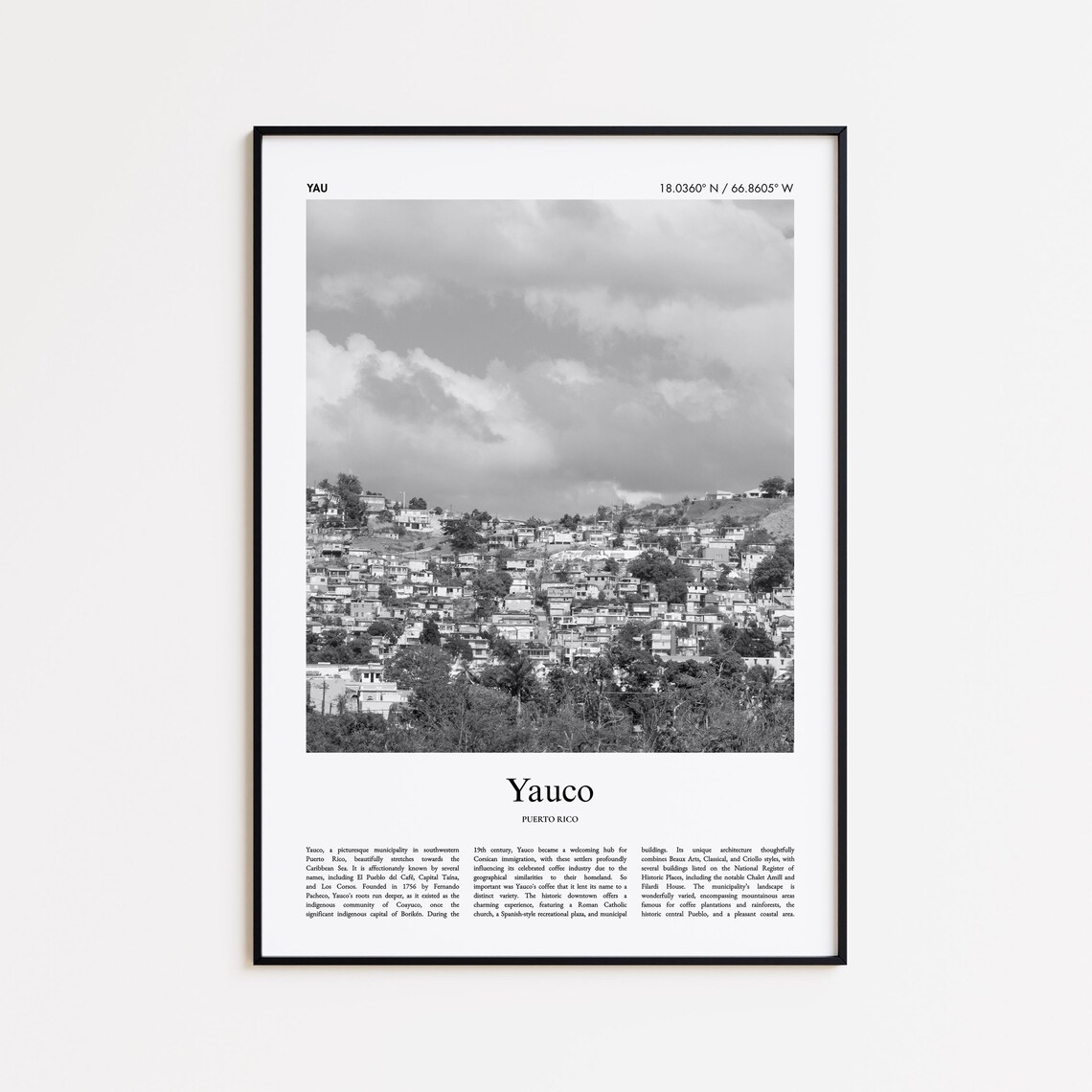 Yauco Black And White Travel Poster, Puerto Rico