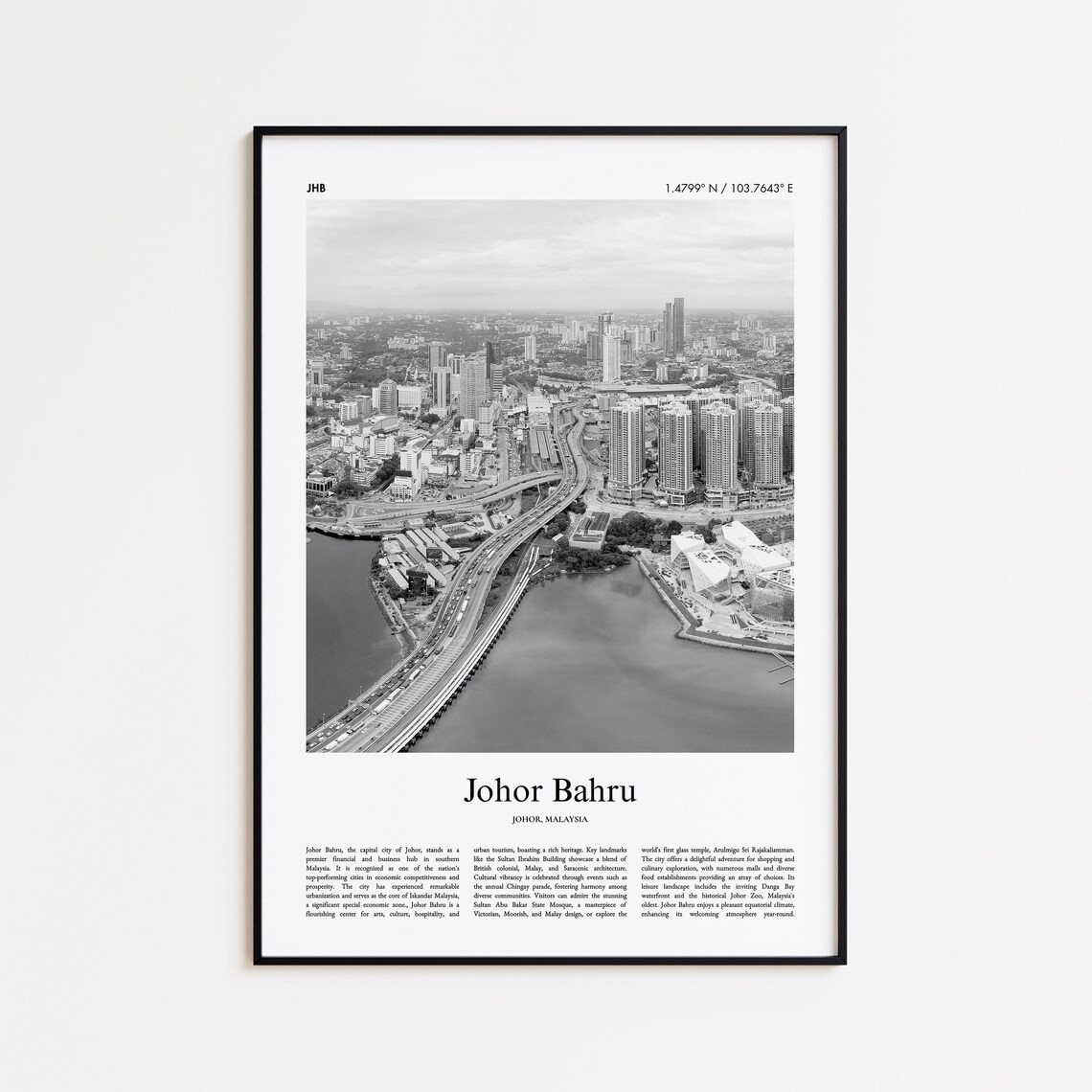 Johor Bahru Malaysia Black and White Skyline Photo Travel Poster