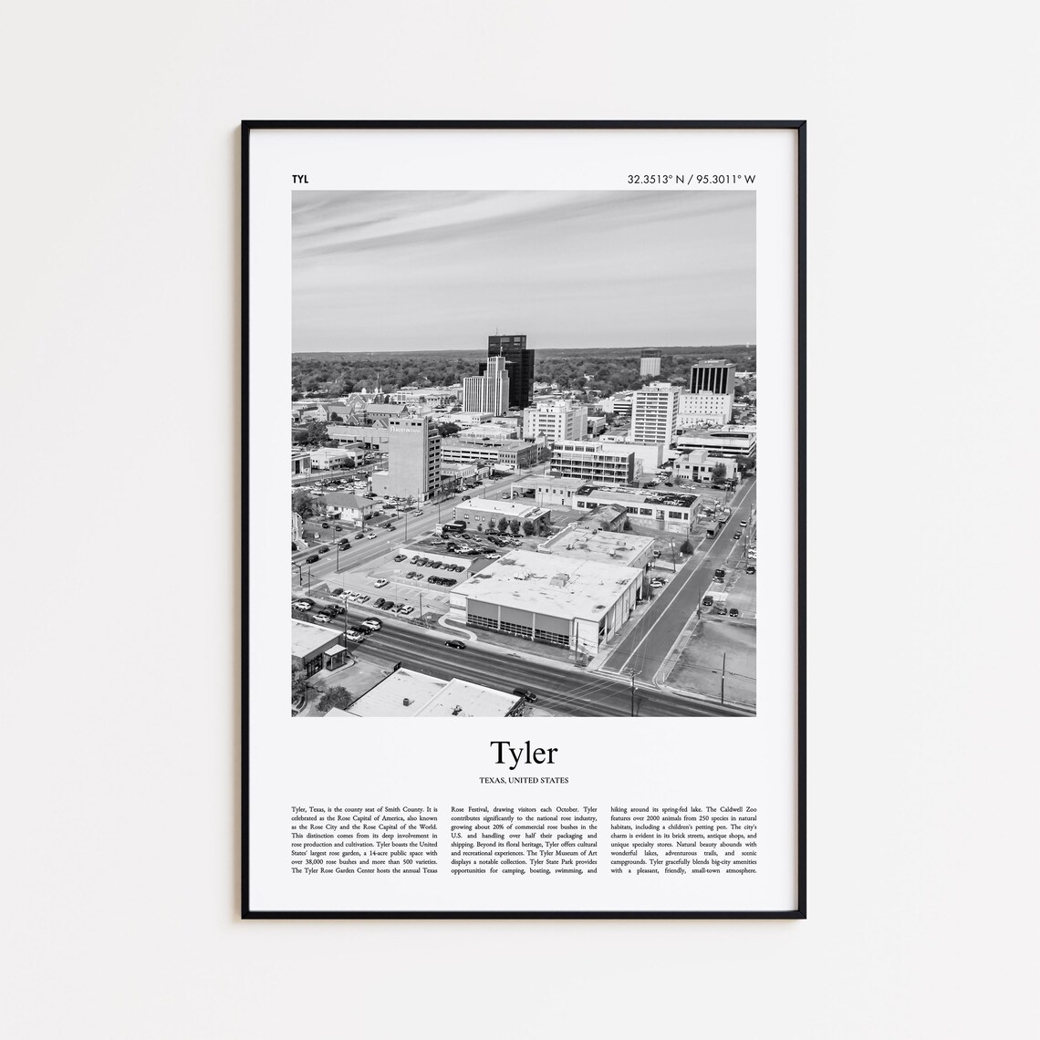 Tyler Texas Downtown Aerial Black And White City Photo Poster