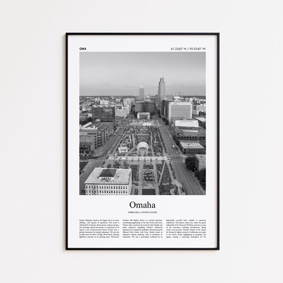 Omaha Nebraska Black and White Downtown Skyline Aerial Photo Poster