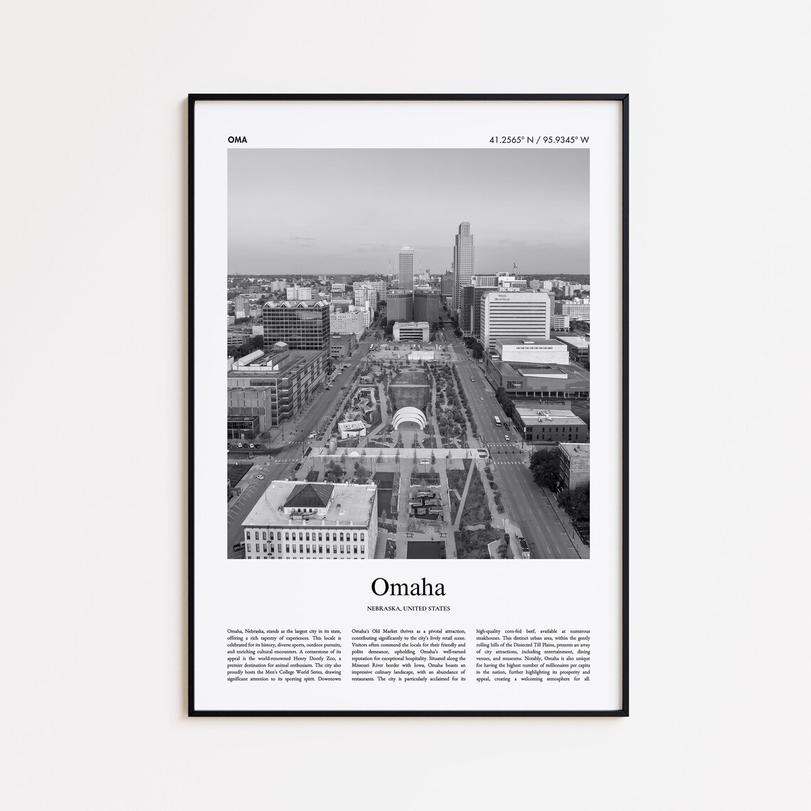 Omaha Nebraska Black and White Downtown Skyline Aerial Photo Poster