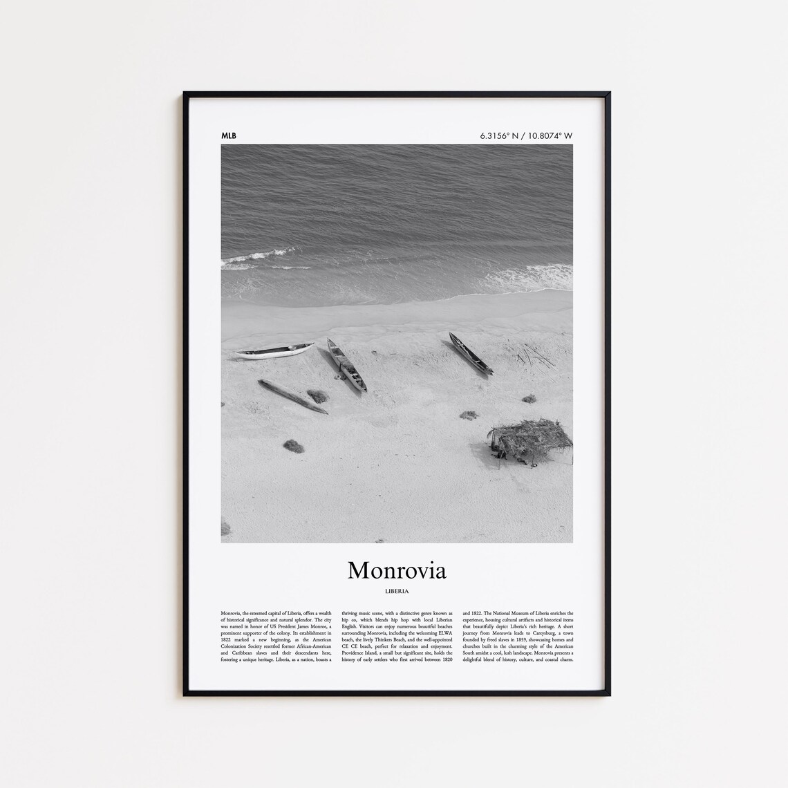 Monrovia Liberia Beach Canoes Aerial Black and White Travel Poster