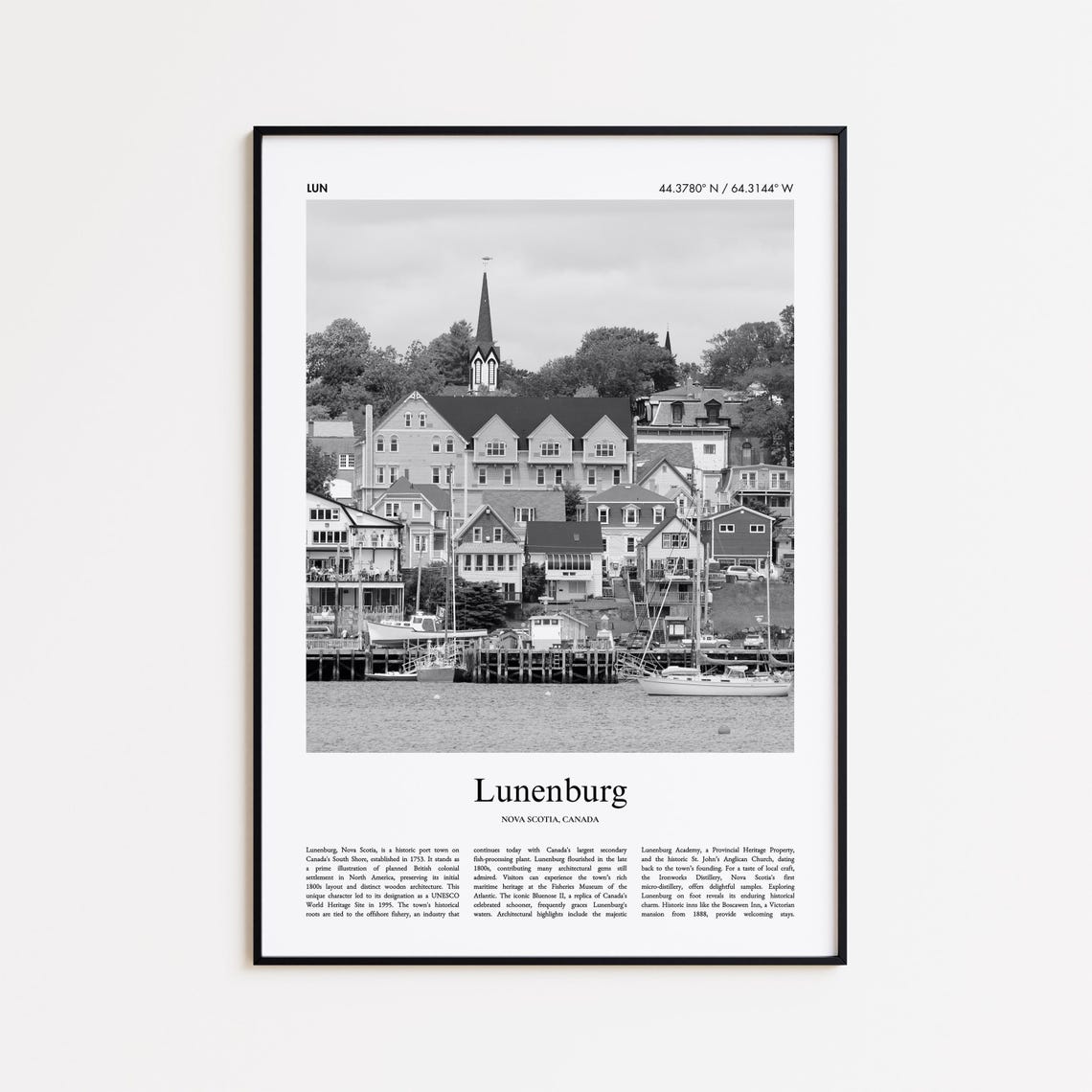 Lunenburg Black White Photo Travel Poster Nova Scotia Canada Decor