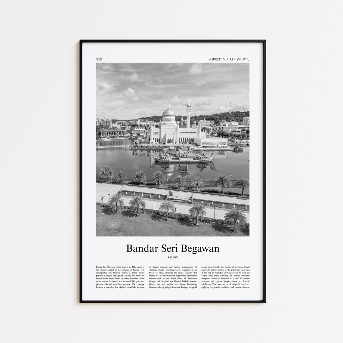 Bandar Seri Begawan Mosque Black And White Brunei Travel Poster