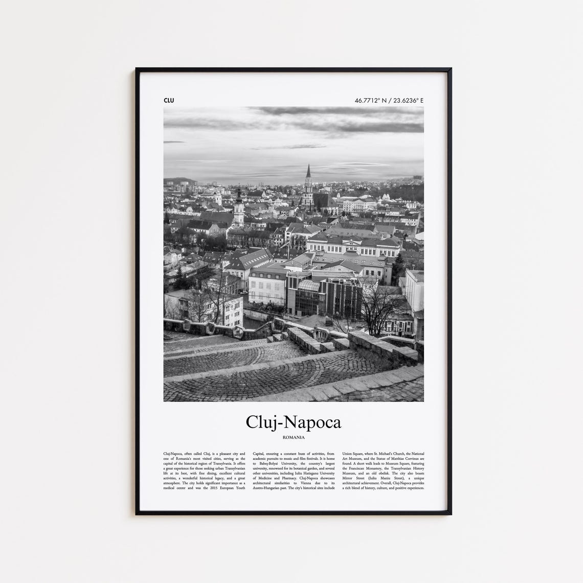 Cluj-Napoca Romania Black and White Old Town Cityscape Poster