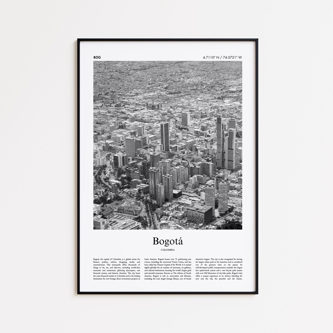 Bogota Colombia Black and White Downtown Aerial Photo Poster