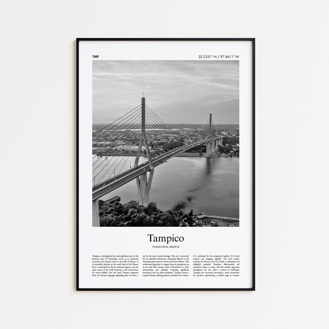 Tampico Mexico Black and White Puente Bridge River Cityscape Poster
