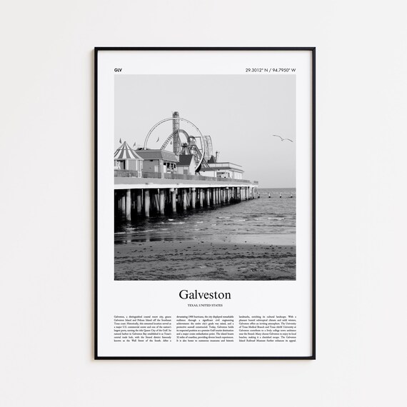 Galveston Texas Pleasure Pier Roller Coaster Black And White Photo Travel Poster