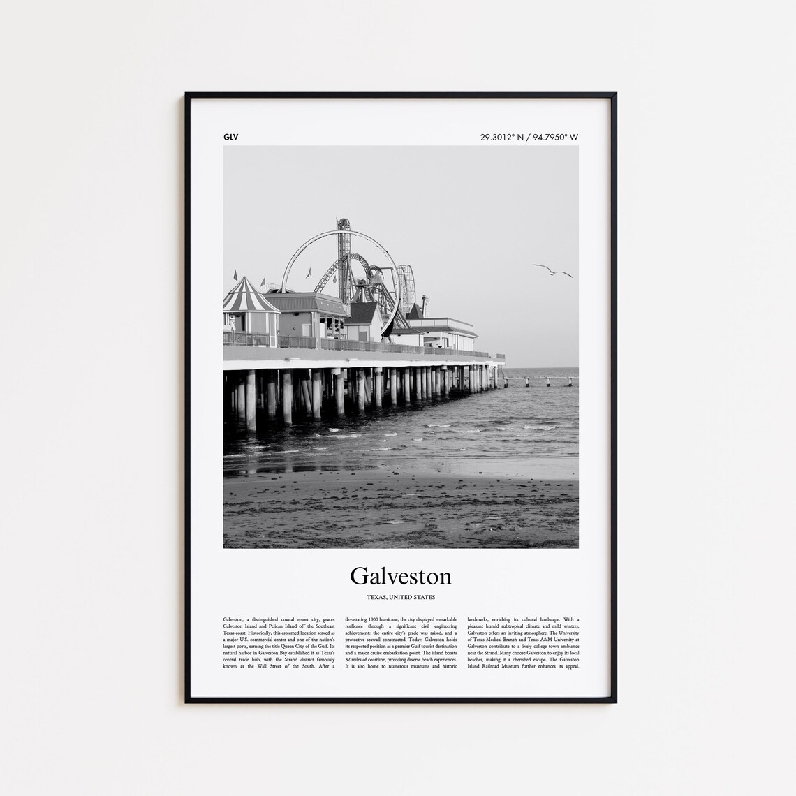 Galveston Texas Pleasure Pier Roller Coaster Black And White Photo Travel Poster
