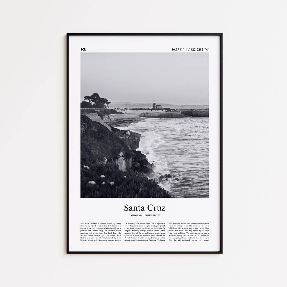 Santa Cruz California Coast Black And White Photo Travel Poster