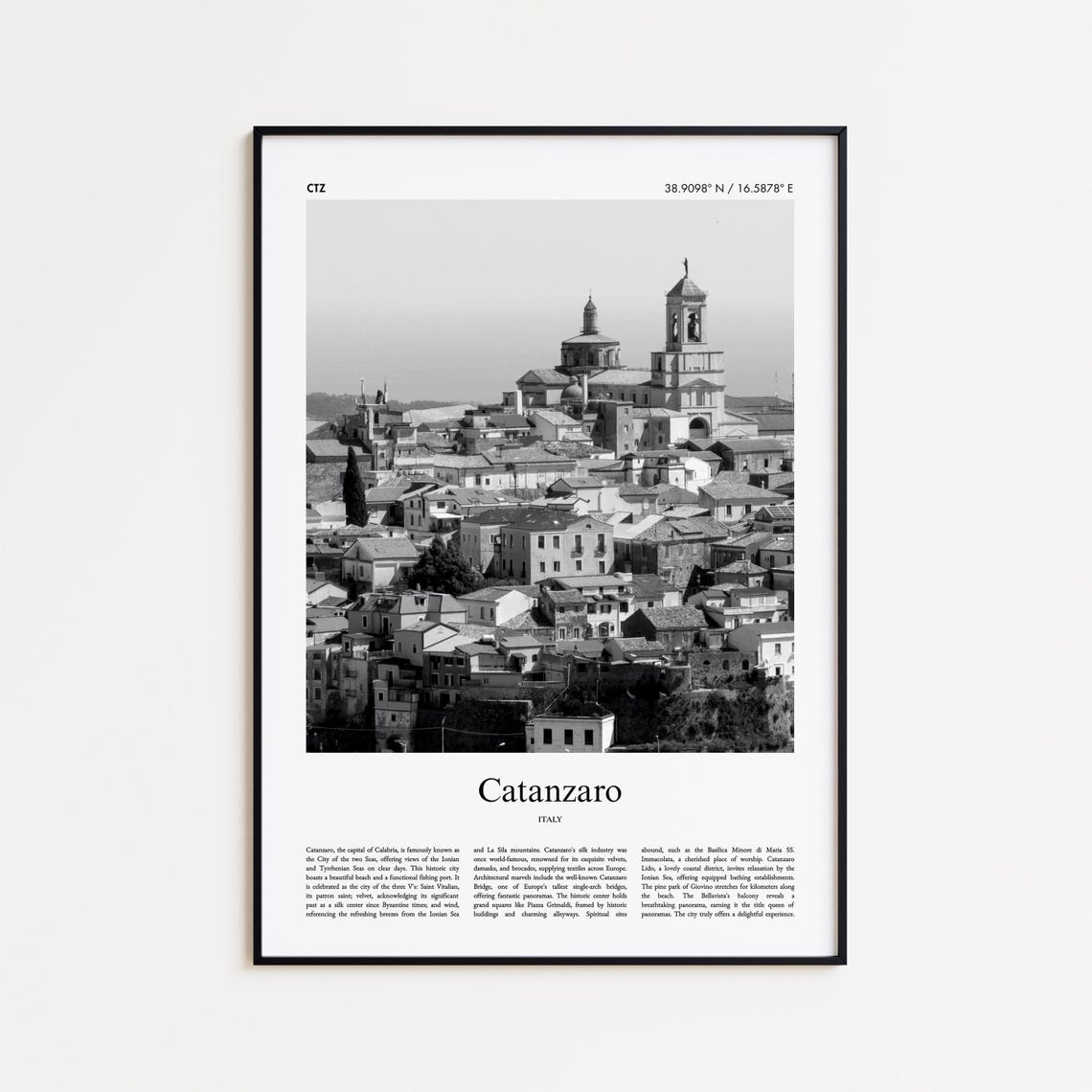 Catanzaro Italy Black And White Hilltop Old Town Photo Poster