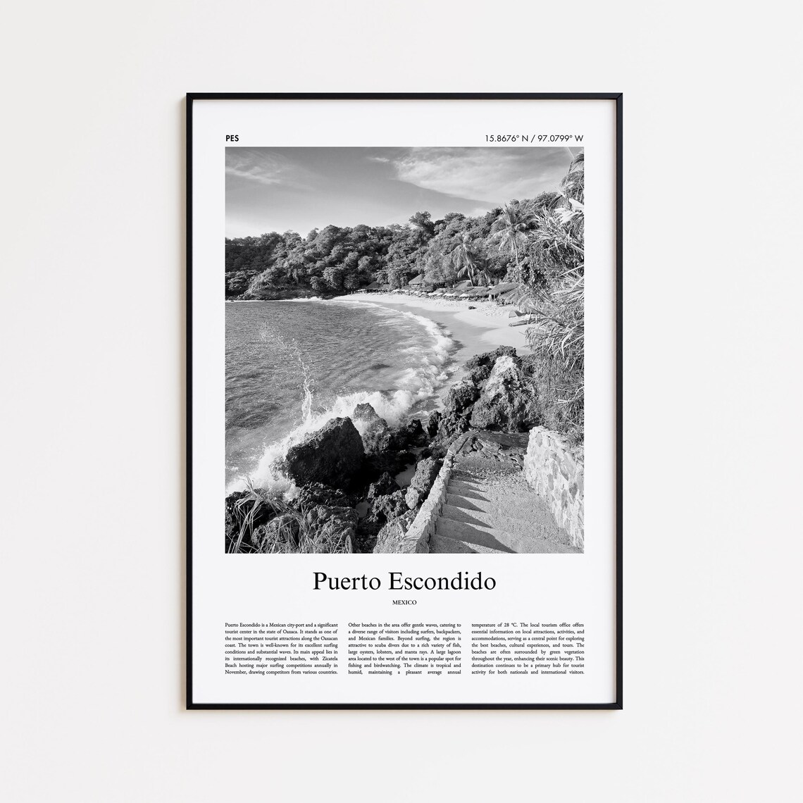 Puerto Escondido Black White Photo Travel Beach City Mexico Poster