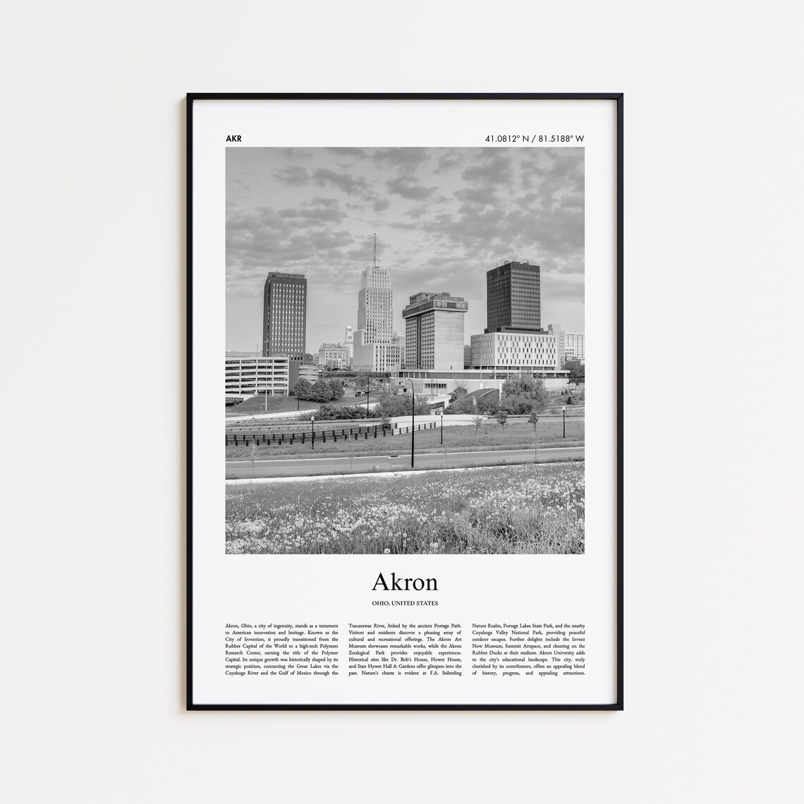 Akron Ohio Black And White Downtown Skyline Travel Poster Art